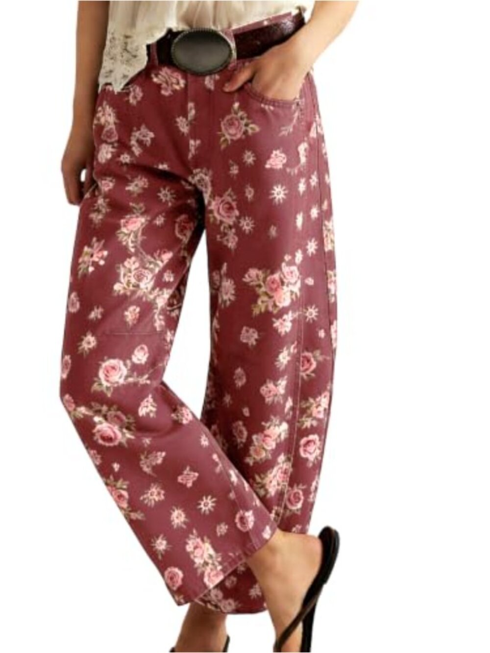 Women's Baggy Floral Barrel Jeans High Waisted Wide Leg Ankle Denim Pants